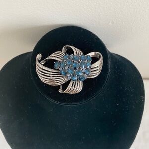 Vintage Statement Blue Rhinestones Silver Tone Flower Brooch